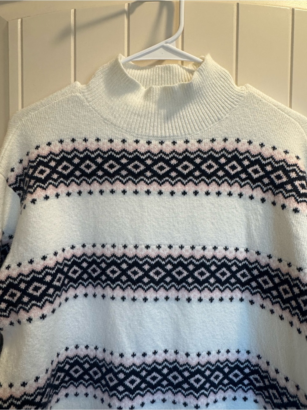 LOFT Cream Turtleneck Sweater with Navy and Light Pink Fair Isle